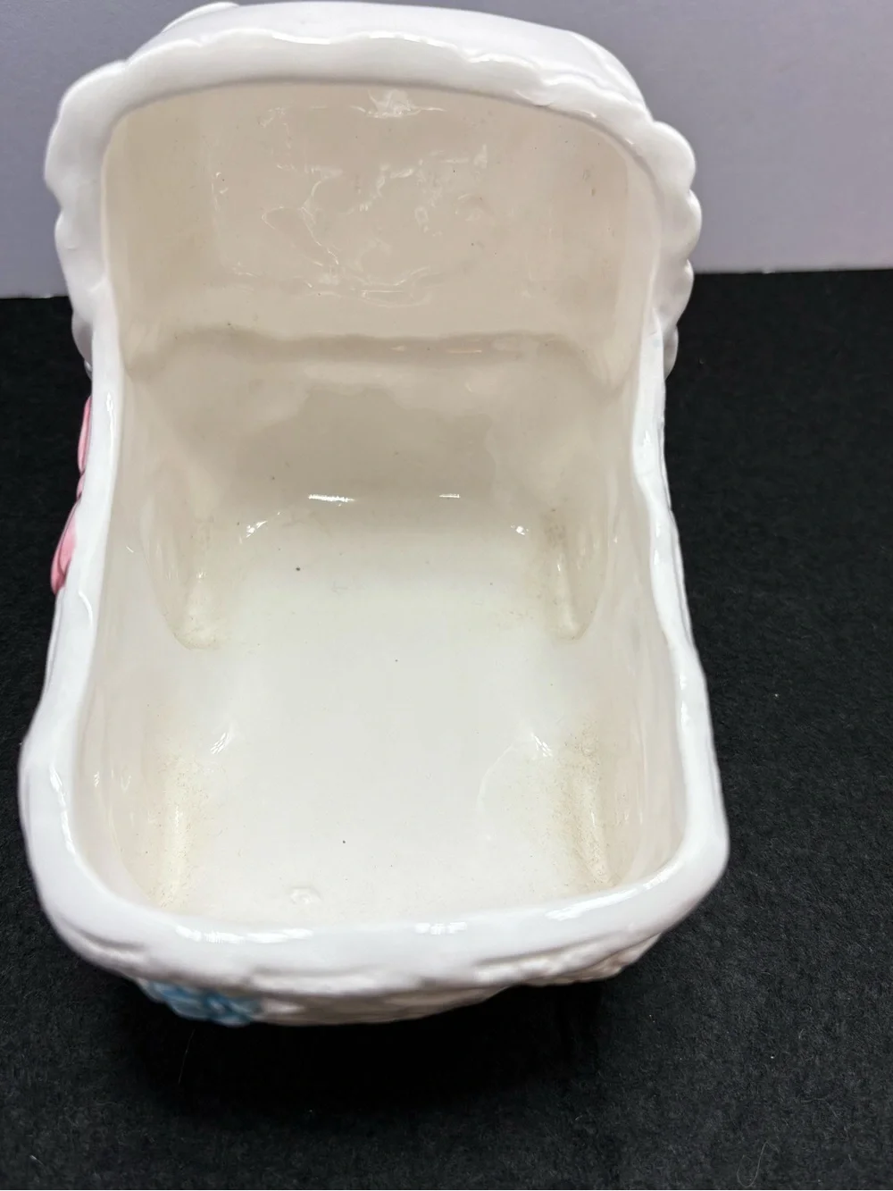 Glossy Ceramic Baby Carriage Planter in White with Pink, Blue & Yellow Accents